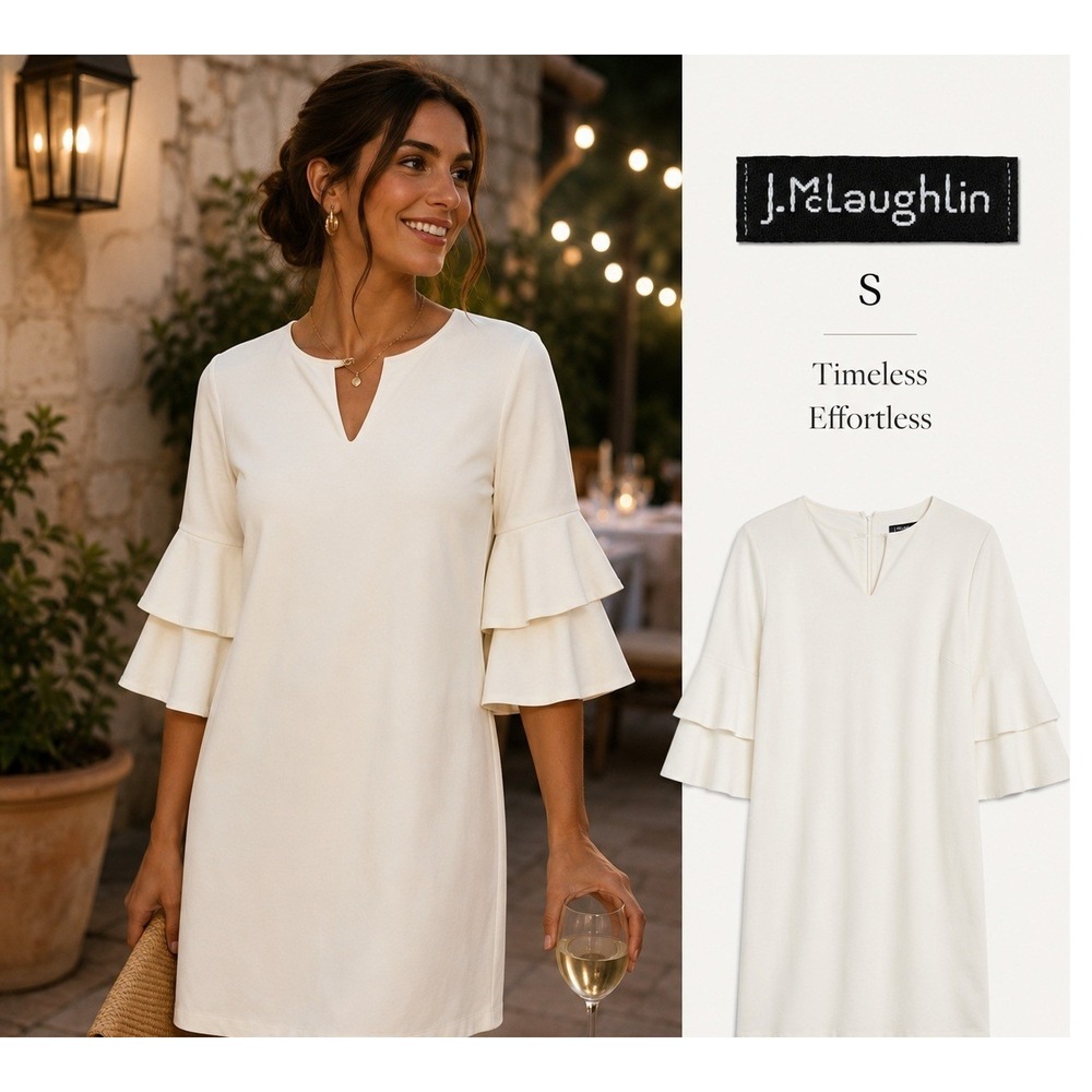 J.McLaughlin Sheath Dress Womens S Off White Tailored Ruffle Sleeve Ponte Bridal